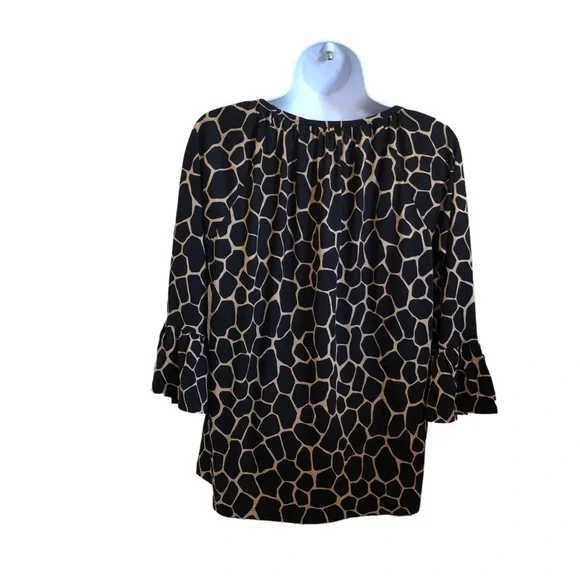 Michael Kors Flutter Sleeve Top Pullover Blouse Medium Black Khaki Giraffe-NWT - Picture 4 of 9